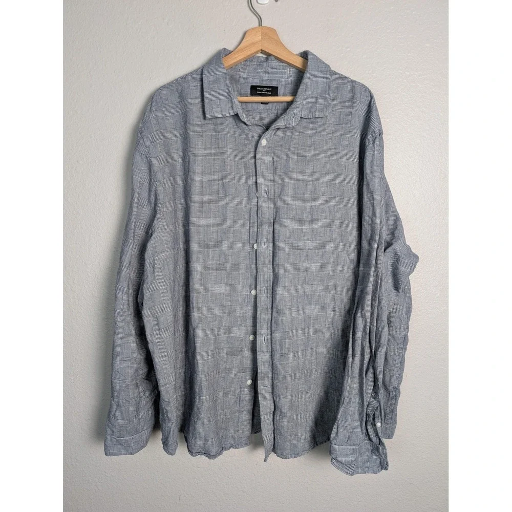 Banana Republic Shirt Mens 2XL Blue Plaid Linen Button Up Long‎ Sleeve Casual